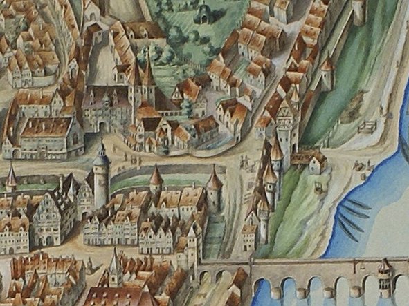 „Ansicht des ehemaligen Benediktinerinnenklosters“, Aquarell nach einem Gemälde von Georg Martin 1628